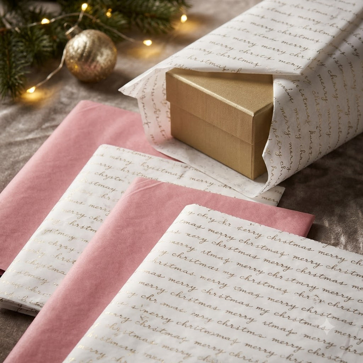 Pack of 8 Merry Christmas Script Luxury Silver Foil Design & Plain Pink 50 x 70 cm Tissue Sheets
