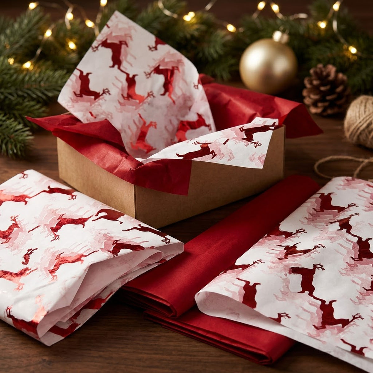Pack of 8 Flying Reindeer Luxury Red Foil Design & Plain Red 50 x 70 cm Tissue Sheets - Christmas Winter Celebrations