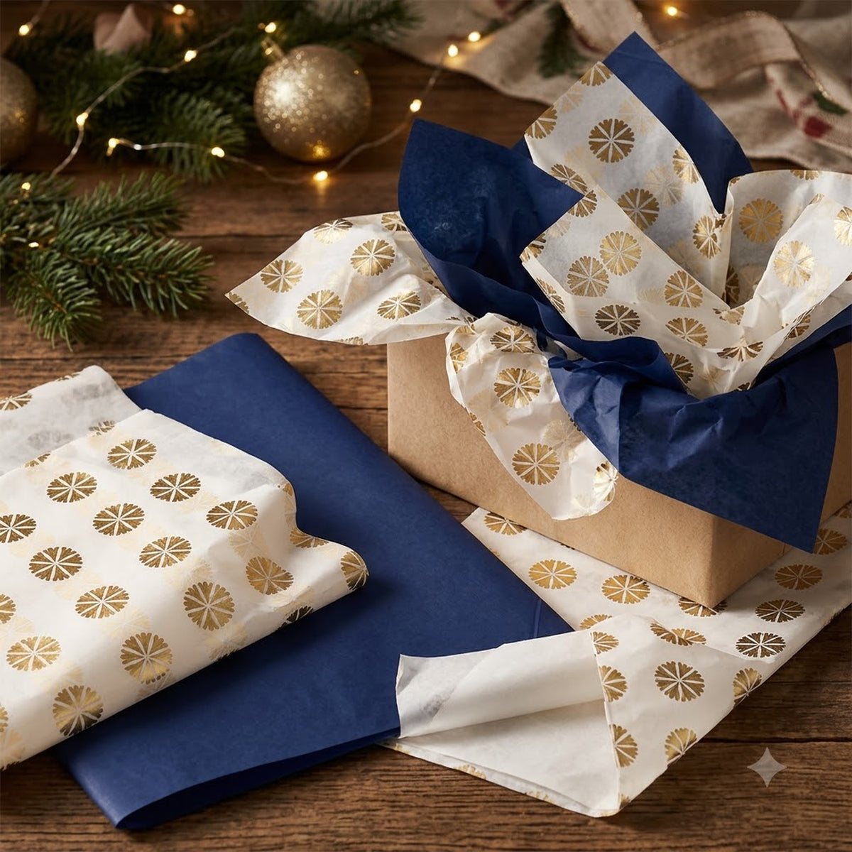 Pack of 8 Foil Floral Dots & Plain Navy Blue 50 x 70 cm Tissue Sheets - Weddings Anniversaries Birthdays Any Occasion