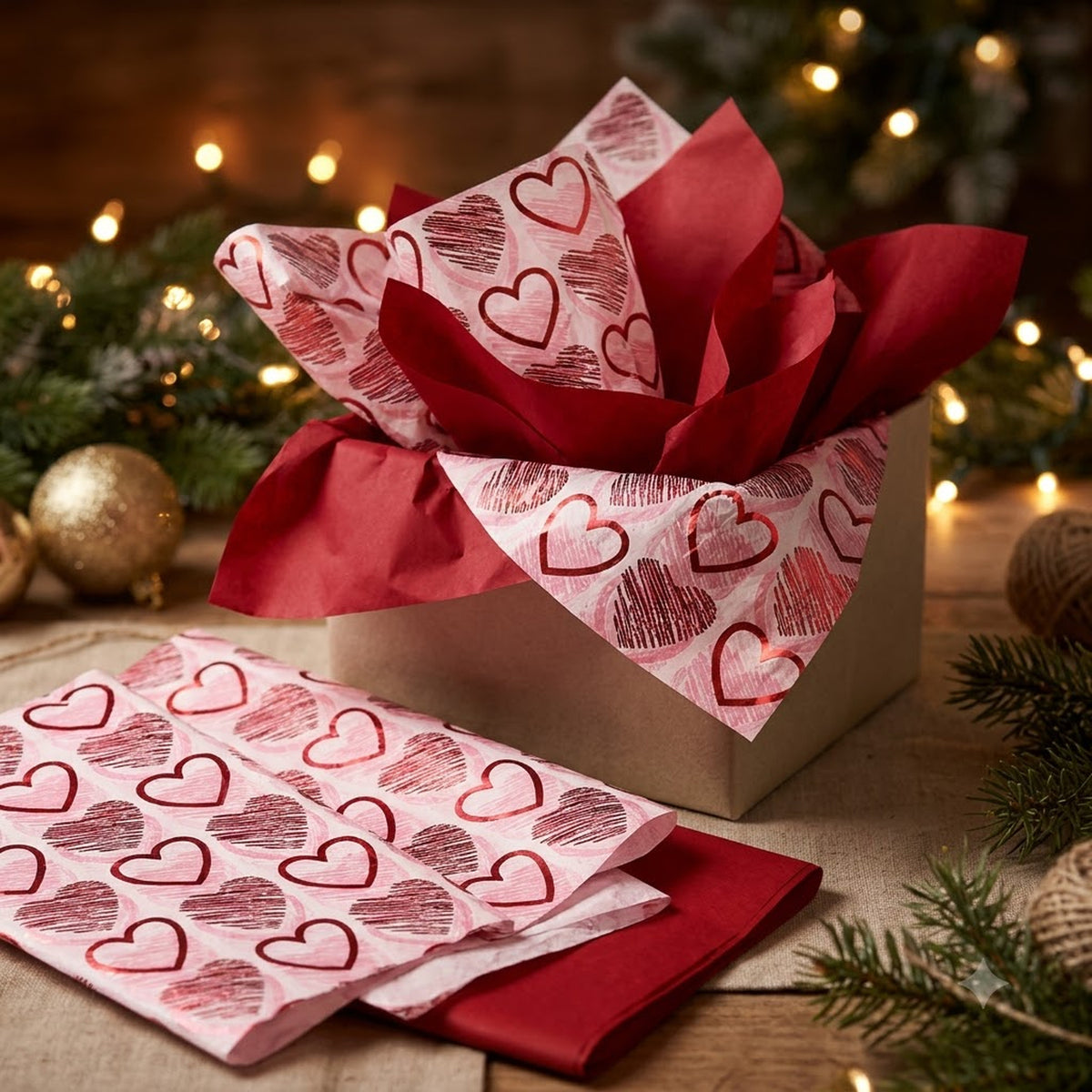 Pack of 8 Valentine Hearts Medley Luxury Red Foil Design & Plain Red 50 x 70 cm Tissue Sheets - Christmas Valentine's Wedding Birthday