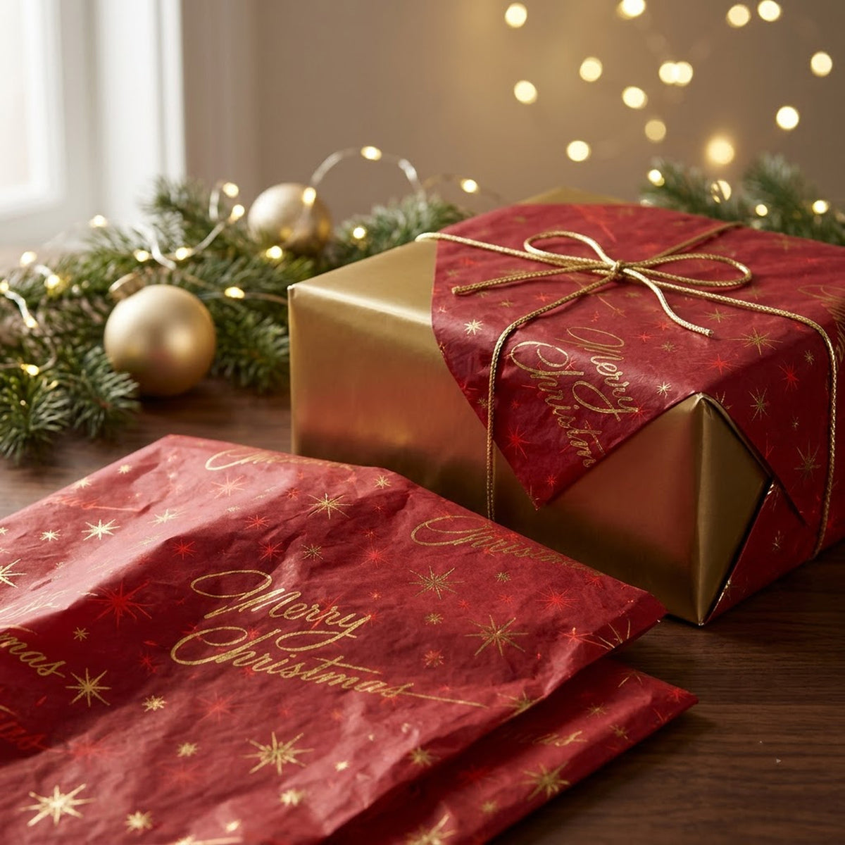 Pack of 5 Red Merry Christmas Design 50 x 70 cm Luxury Gold Foil Tissue Sheets