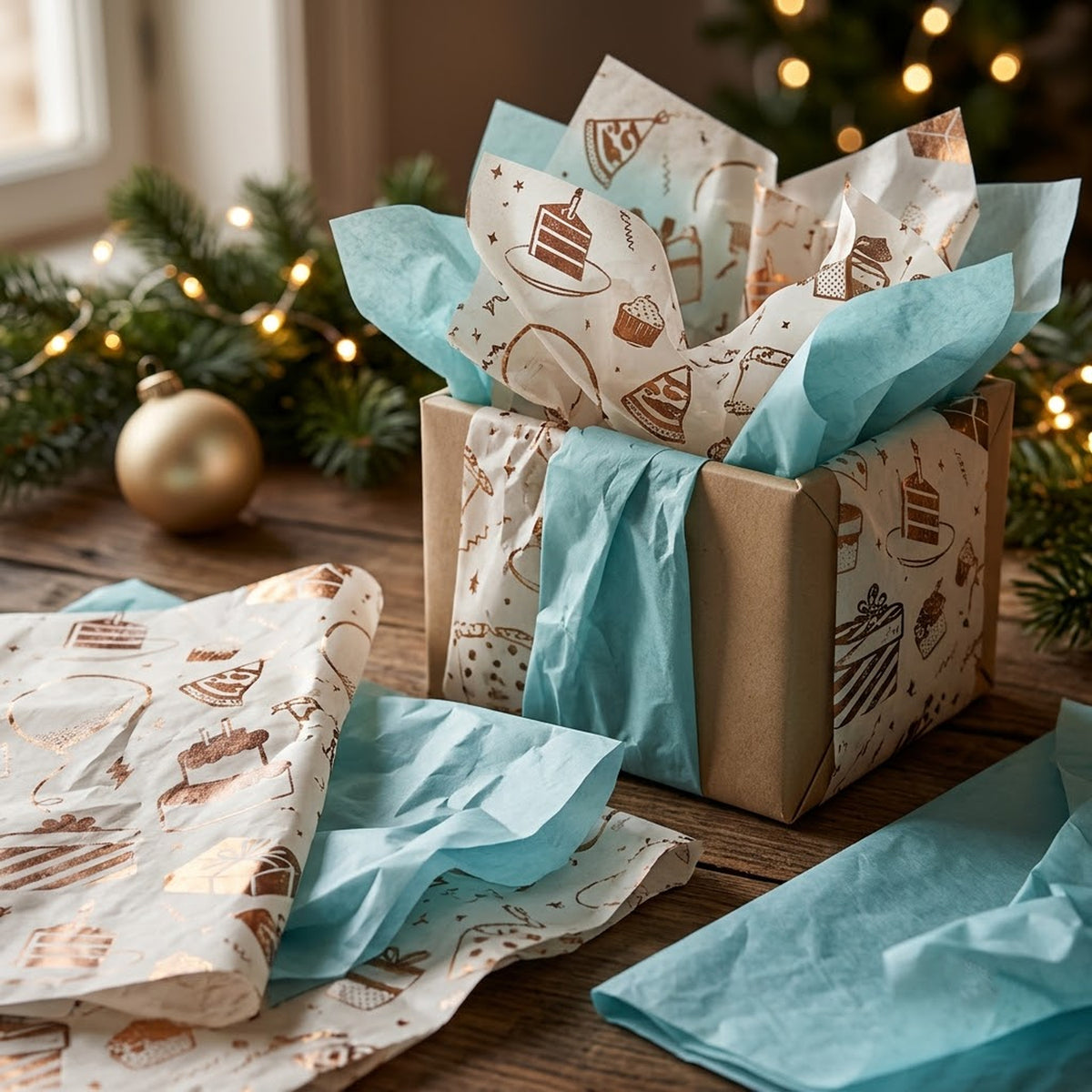 Pack of 8 Birthday Bliss Luxury Gold Foil Design & Plain Sky Blue 50 x 70 cm Tissue Sheets - Boys, Cake, Celebration