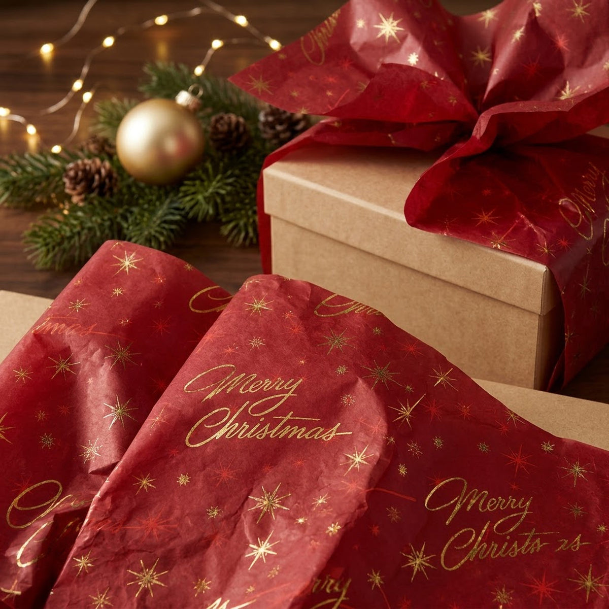 Pack of 5 Red Merry Christmas Design 50 x 70 cm Luxury Gold Foil Tissue Sheets