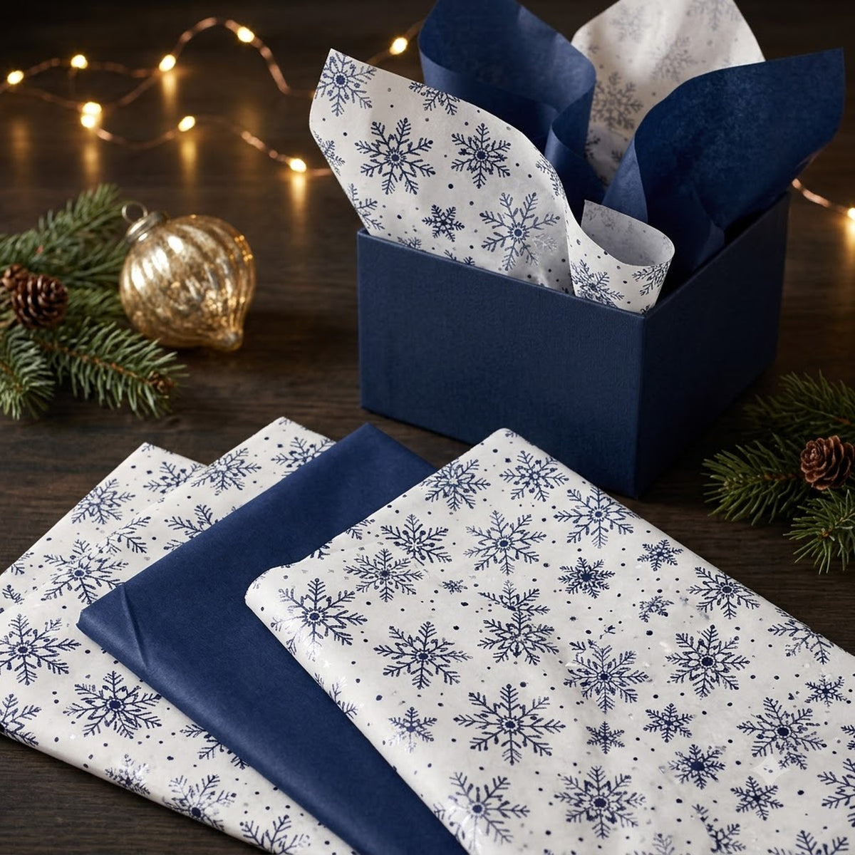 Pack of 8 Winter Foil Snowflakes & Plain Navy Blue 50 x 70 cm Tissue Sheets - Christmas Winter Celebrations