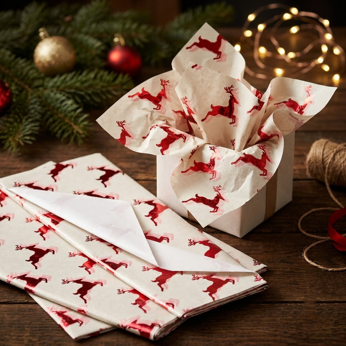Pack of 5 Christmas Flying Reindeer Design 50 x 70 cm Luxury Red Foil Tissue Sheets
