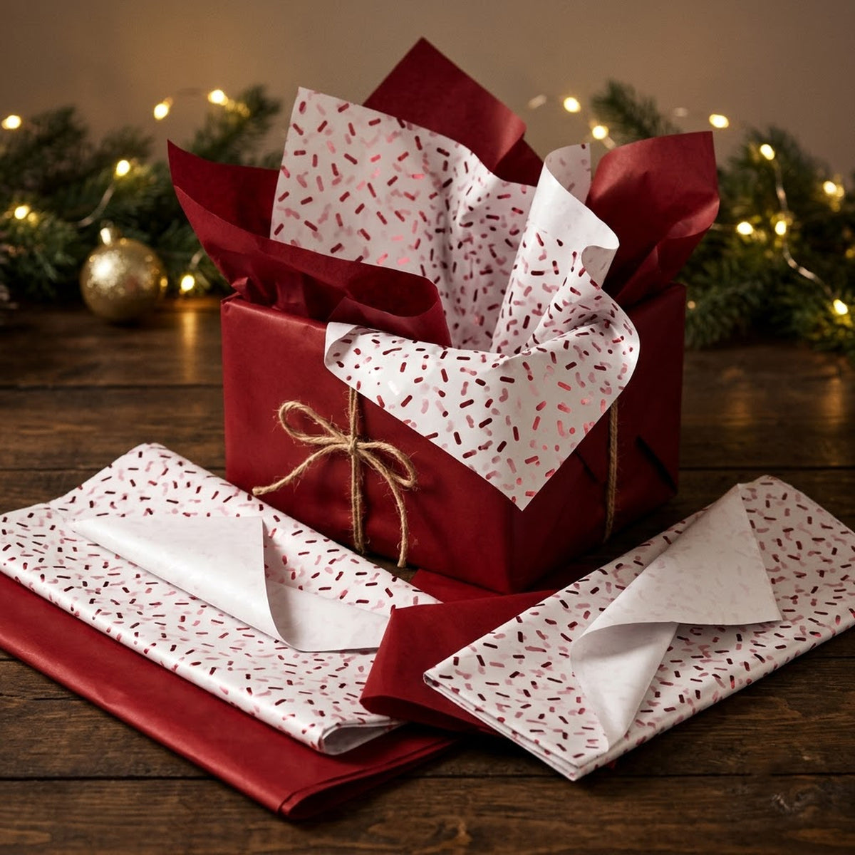 Pack of 8 Sprinkle Confetti Luxury Red Foil Design & Plain Red 50 x 70 cm Tissue Sheets - Christmas, Valentine, Birthday