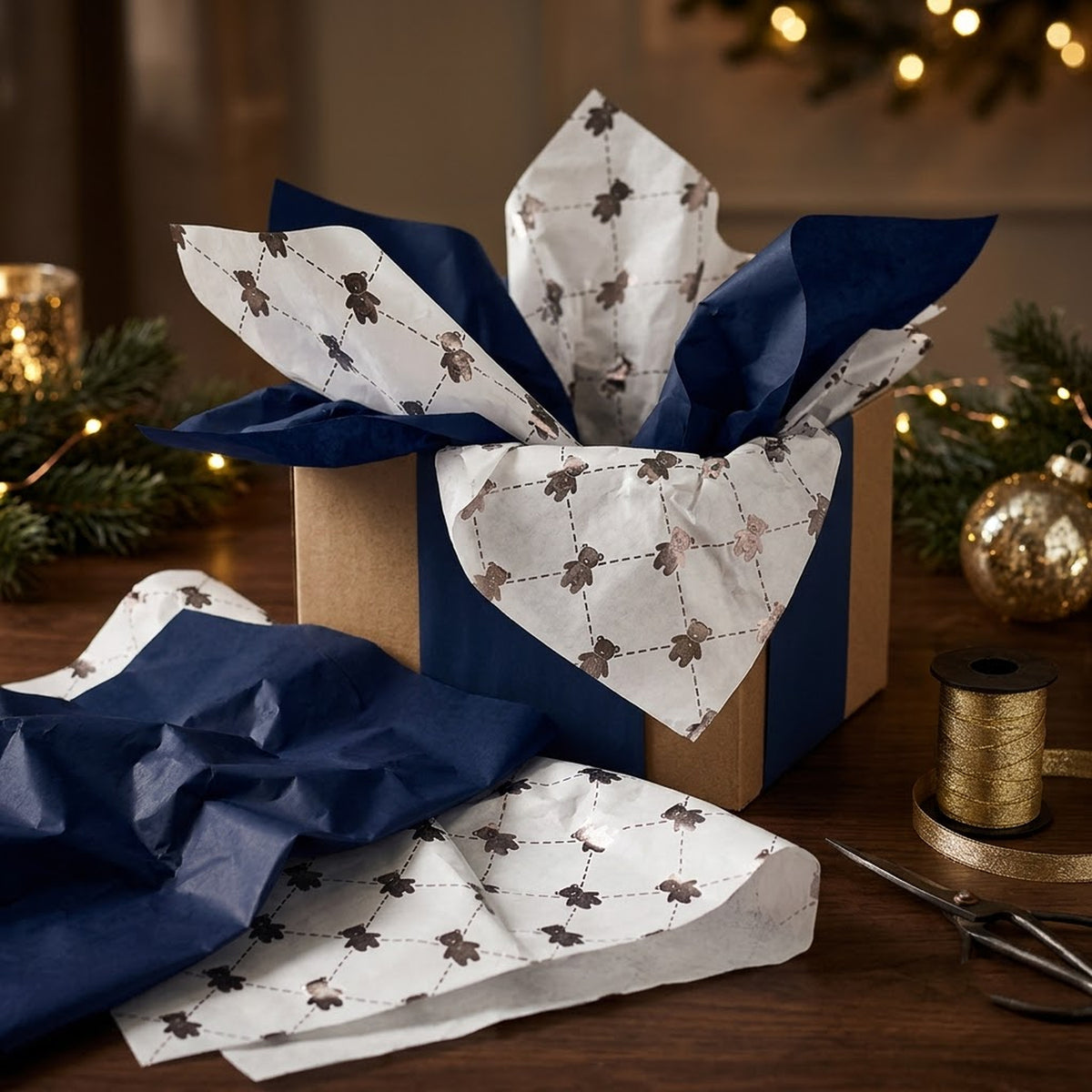 Pack of 8 Teddy Bear Luxury Gold Foil Design & Plain Navy Blue 50 x 70 cm Tissue Sheets - Birthday, Boys, Celebration