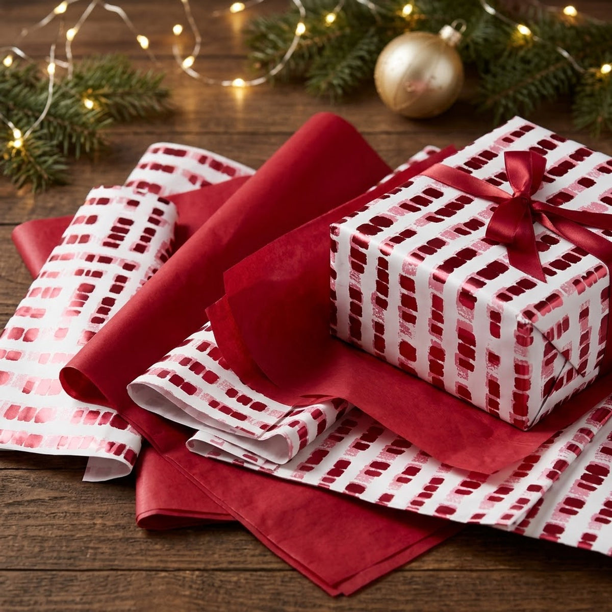 Pack of 8 Soft Dash Luxury Red Foil Design & Plain Red 50 x 70 cm Tissue Sheets - Christmas Valentine Wedding