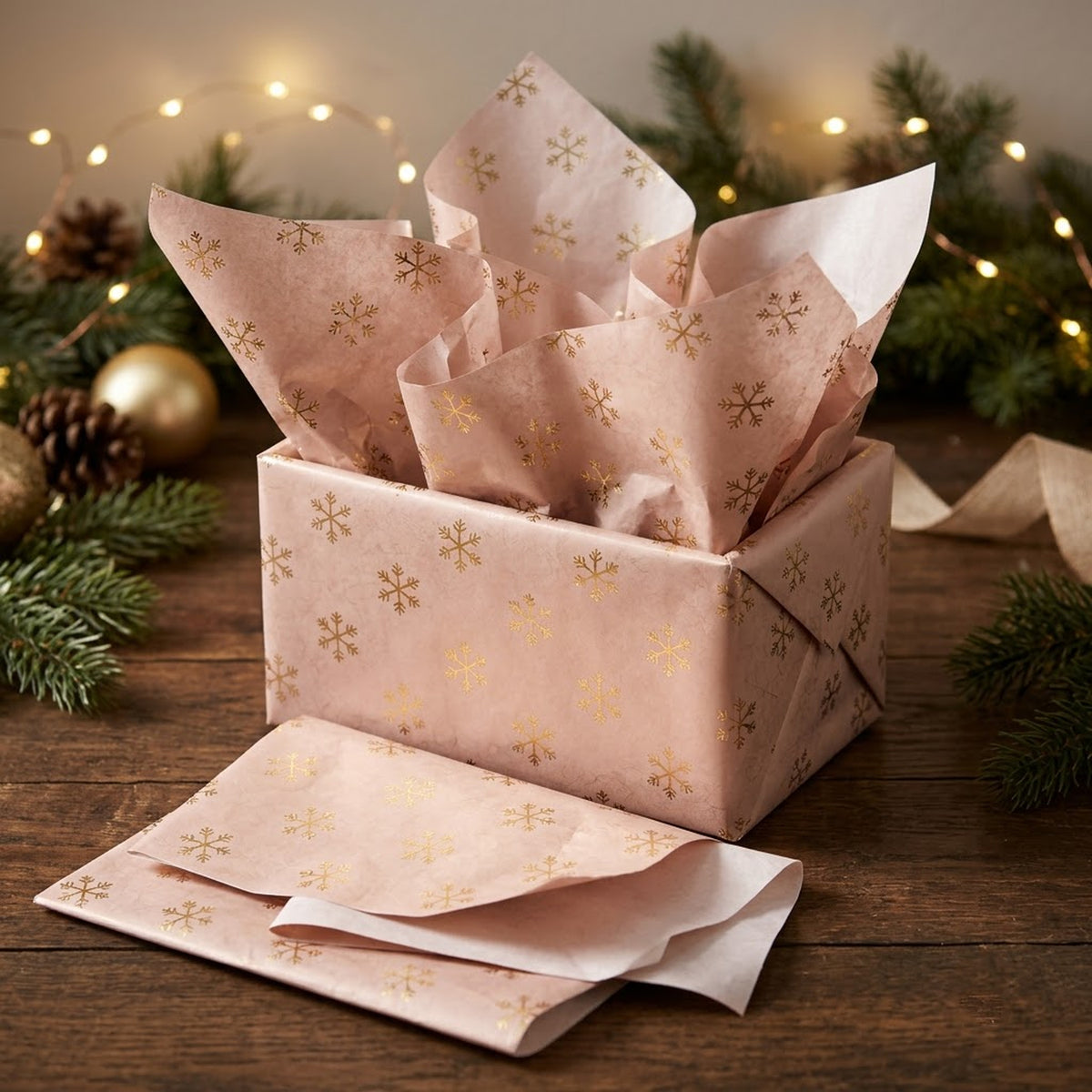 Pack of 5 Snowflakes Dots Design 50 x 70 cm Luxury Gold Foil Tissue Sheets - Christmas, Winter, Celebration