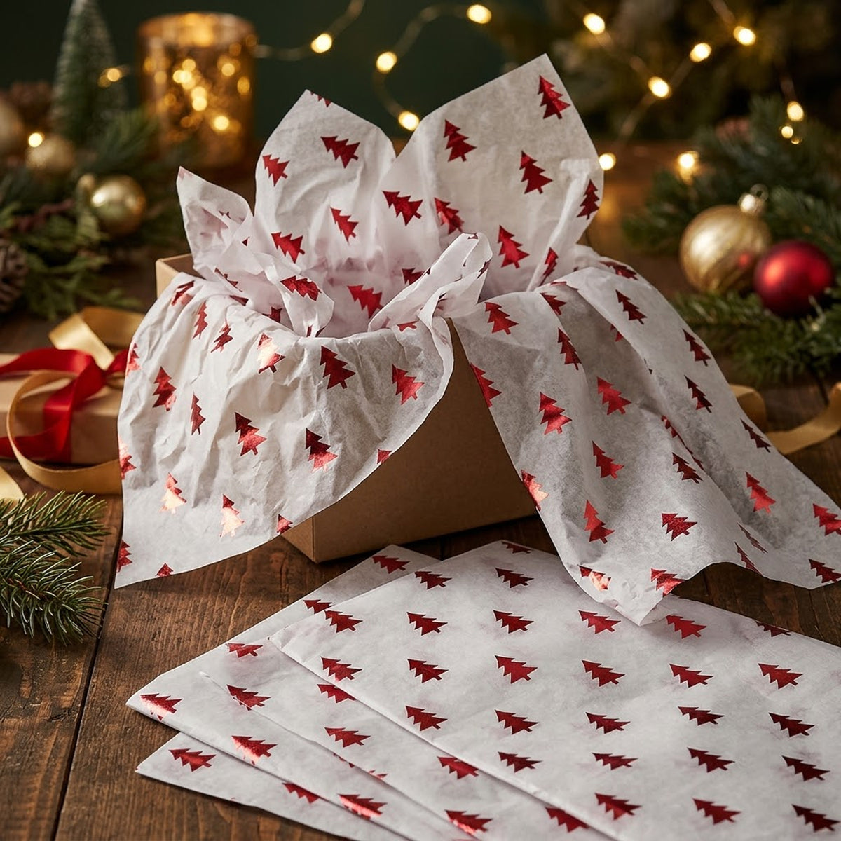 Pack of 5 Christmas Tree Evergreen Design 50 x 70 cm Luxury Red Foil Tissue Sheets