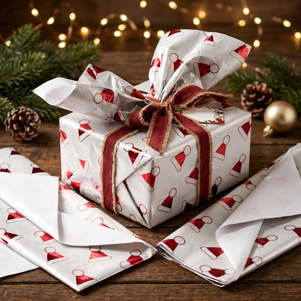 Pack of 5 Christmas Santa Hat Toss Design 50 x 70 cm Luxury Red Foil Tissue Sheets