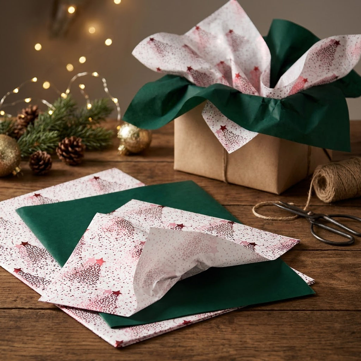 Pack of 8 Dotted Christmas Tree Luxury Red Foil Design & Plain Dark Green 50 x 70 cm Tissue Sheets