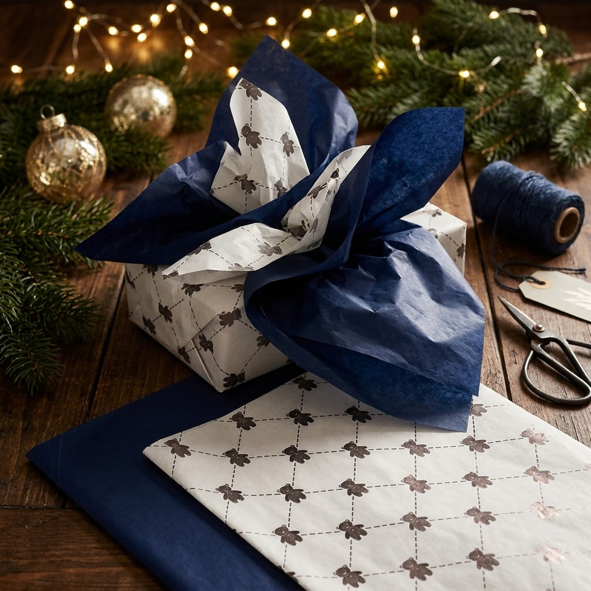 Pack of 8 Teddy Bear Luxury Gold Foil Design & Plain Navy Blue 50 x 70 cm Tissue Sheets - Birthday, Boys, Celebration