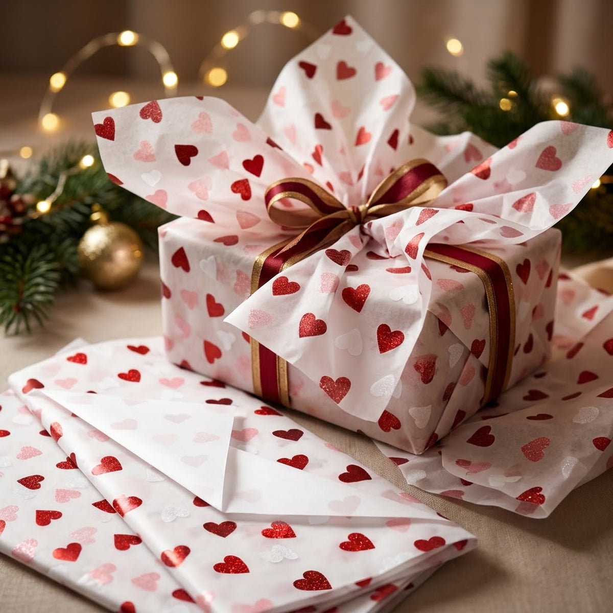 Pack of 5 Classic Hearts Design 50 x 70 cm Luxury Red Foil Tissue Sheets - Valentine, Wedding, Anniversary