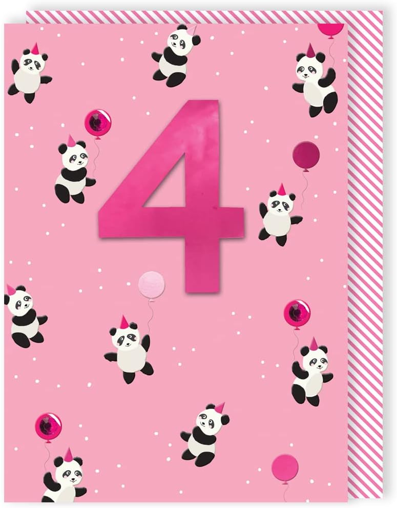 Party Pandas Embellished Girls 4th Birthday Card