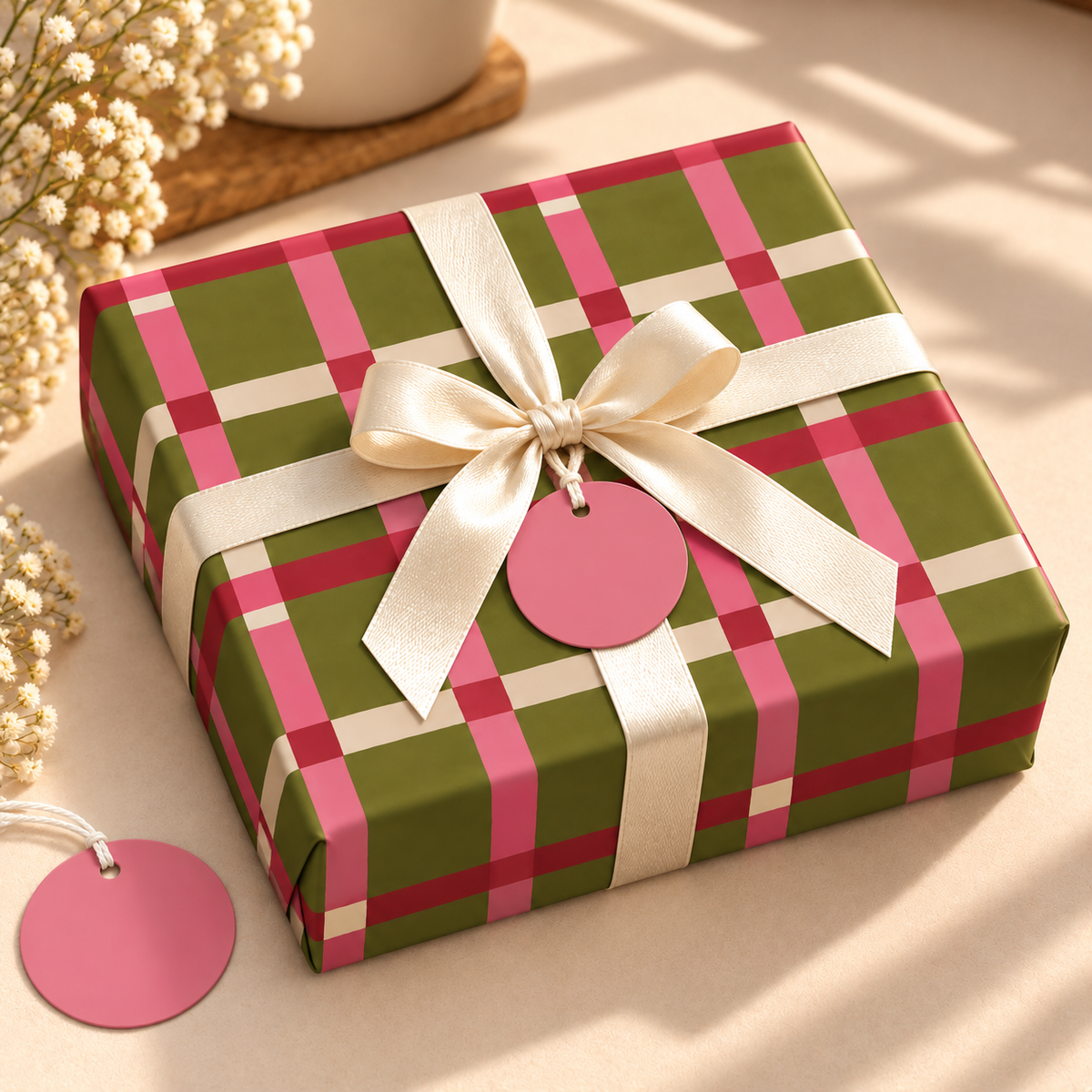 Pack of 2 Meadow Check Design 50 x 70 cm Gift Wrap Sheets with 2 Tags - Christmas Valentine’s Mother's Day Birthdays Everyday Celebrations