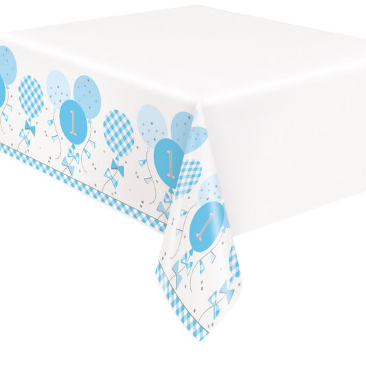 Blue Gingham 1st Birthday Rectangular Plastic Table Cover, 54"x84"