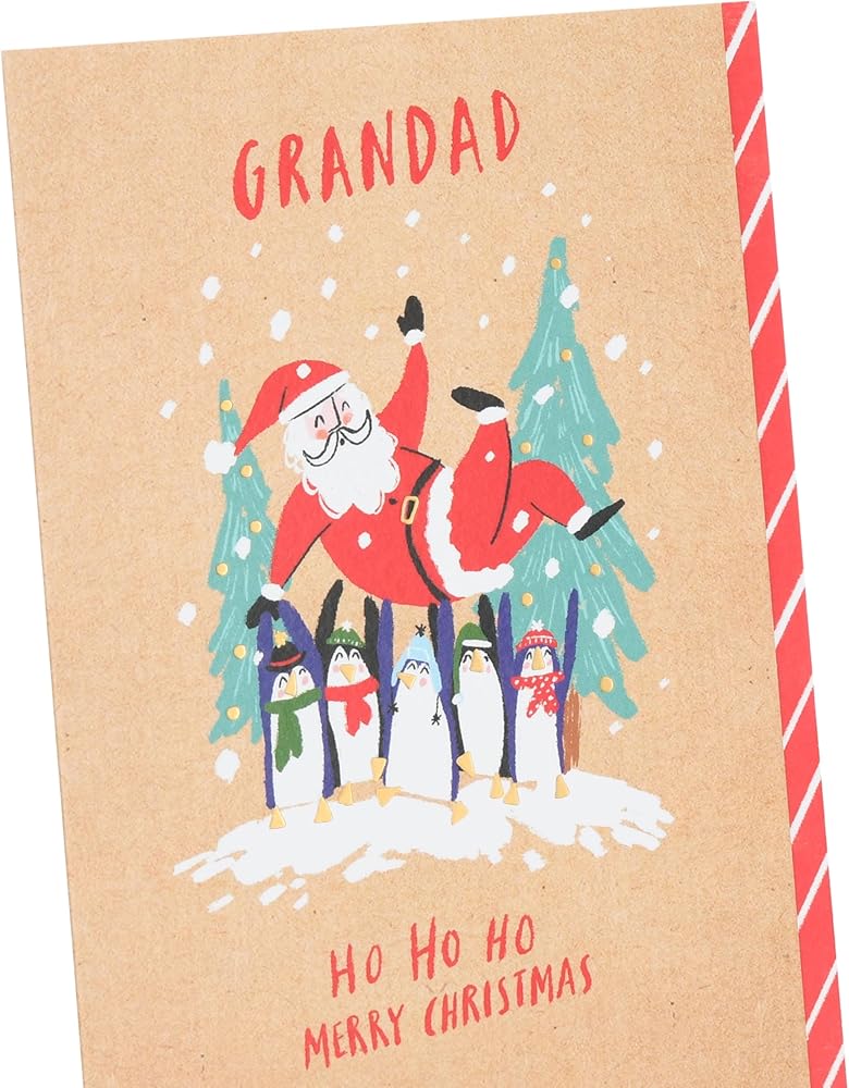 Group of Penguins Holding Santa Up Grandad Christmas Card