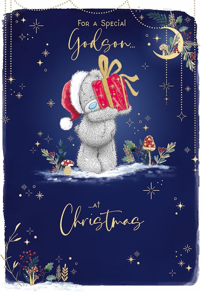 Bear Holding Present Special Godson Luxury Christmas Card