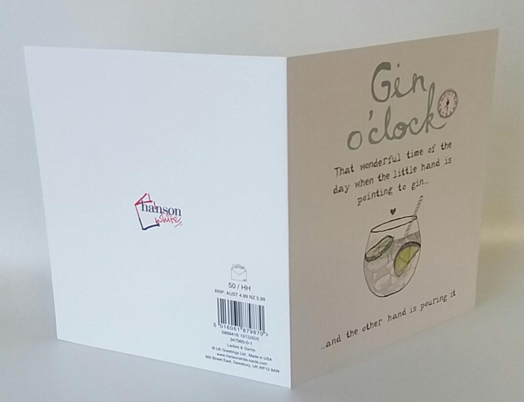 Gin O'Clock Birthday Humour Funny Card Hanson White Range.