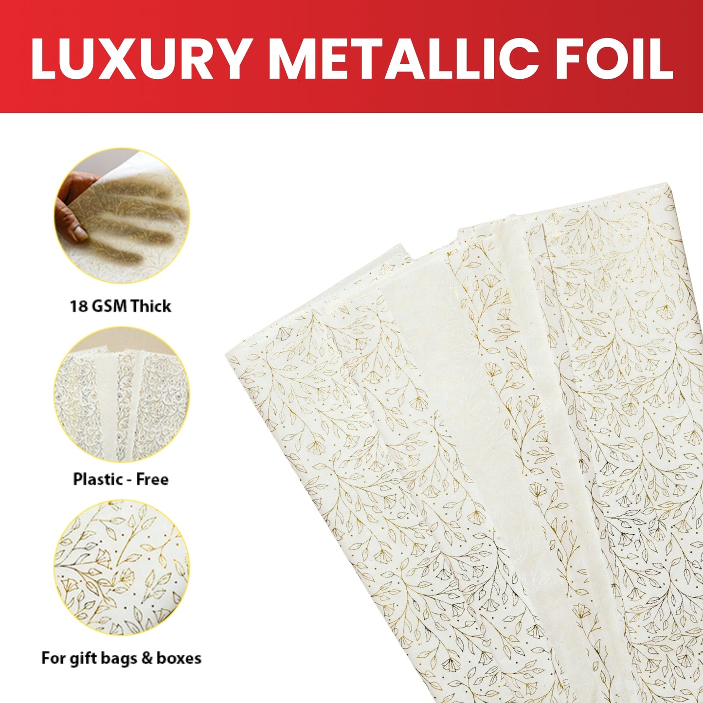 6 x Pack of 10 Flowers Garden Gold Metallic Plastic-Free 18gsm Tissue Paper Sheets 50x70cm - Patterned Tissue Paper for Xmas, New Year, Party, Wedding, Birthday Packing Present Gift Box DIY Art Crafts
