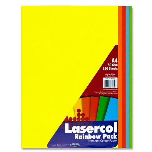 Pack of 250 Sheets A4 Rainbow Assorted 80gsm Paper by Lasercol