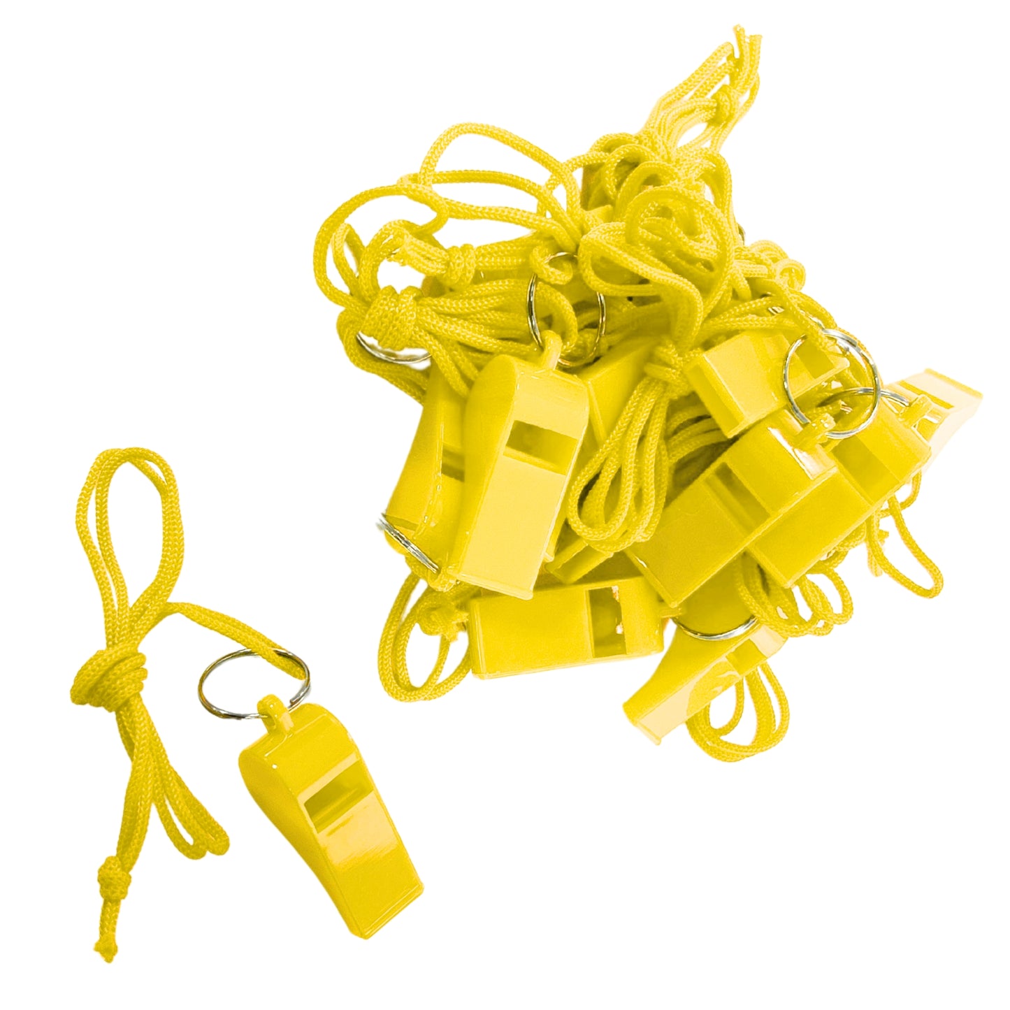 Pack of 50 Yellow Plastic Whistles with Lanyard Neck Cord