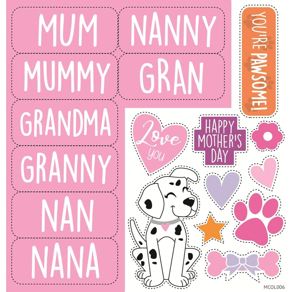 Two Dogs Design Multi-Caption Mother's Day Card Colour-Me-in Activity with Stickers