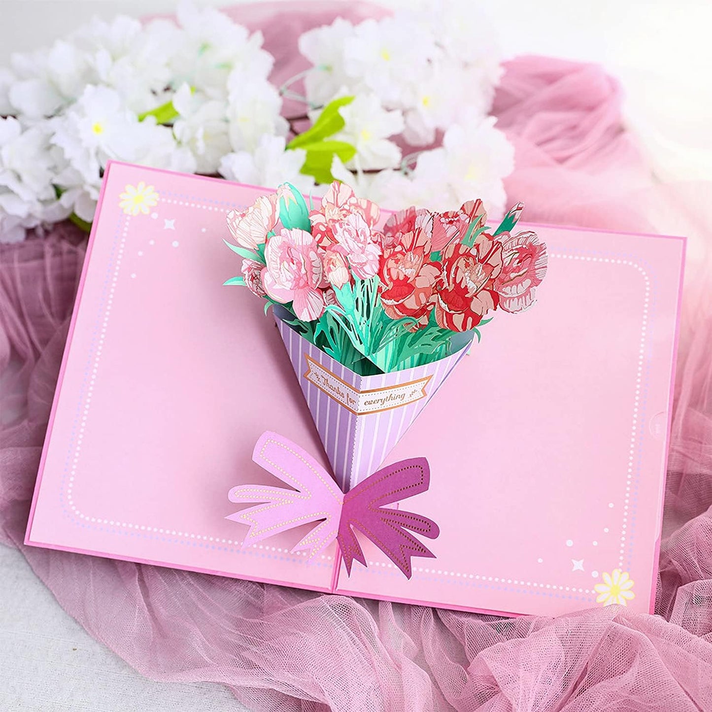 Elegant Carnations Bouquet 3D Pop Up Greeting Card - Wedding Birthday Mother's Day Anniversary
