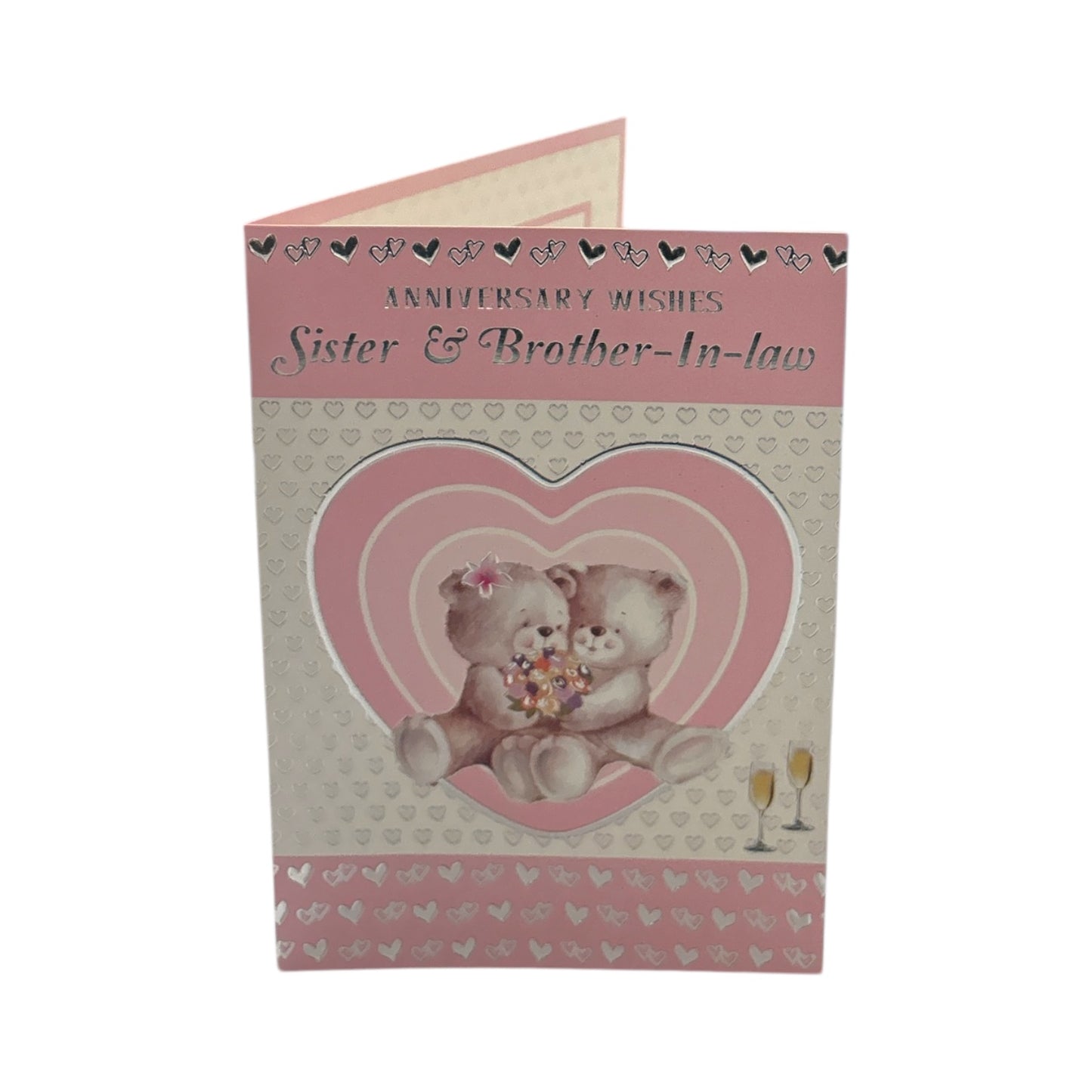 Sister and Brother-in-law Cute Teddies In Pink Heart Anniversary Card