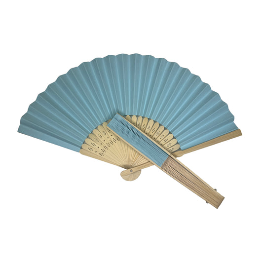Pack of 50 Light Blue Paper Foldable Hand Held Bamboo Wooden Fans by Parev