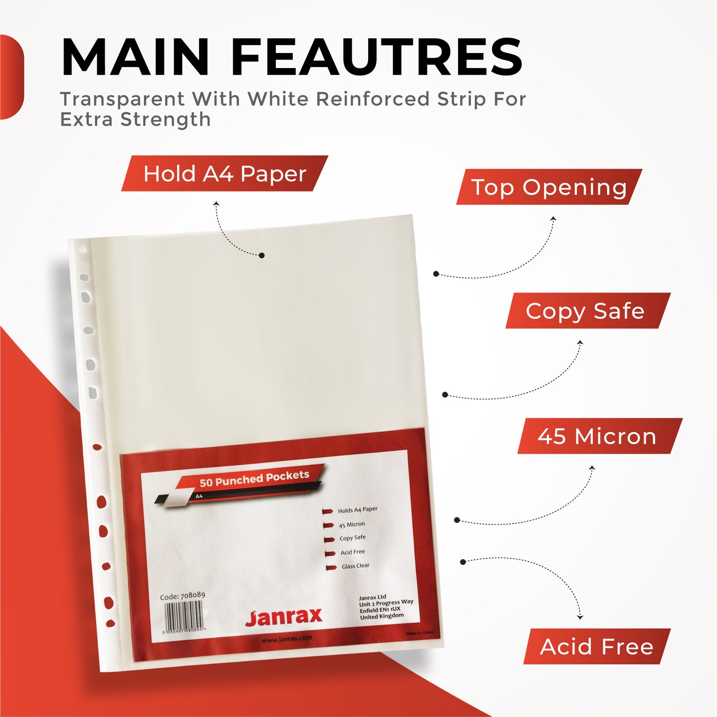 Pack of 250 A4 Glass Clear Punched Pockets by Janrax