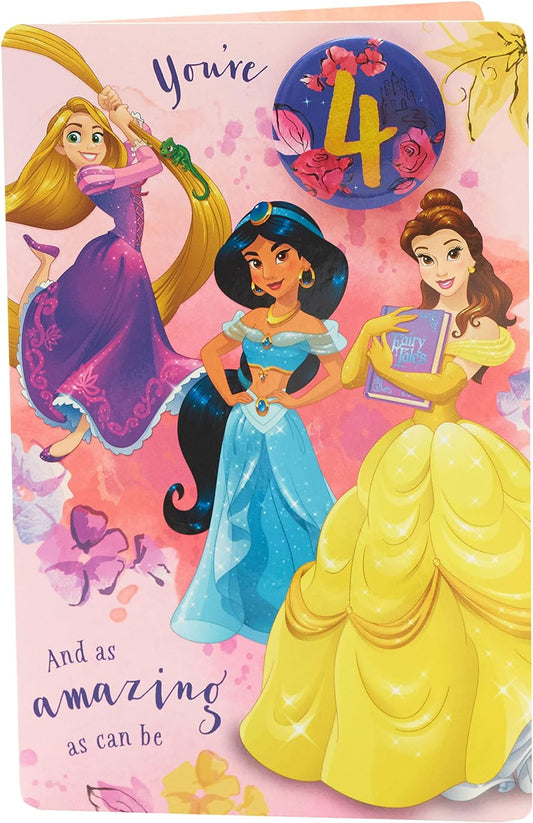 Disney Princesses 4th Birthday Card with Badge