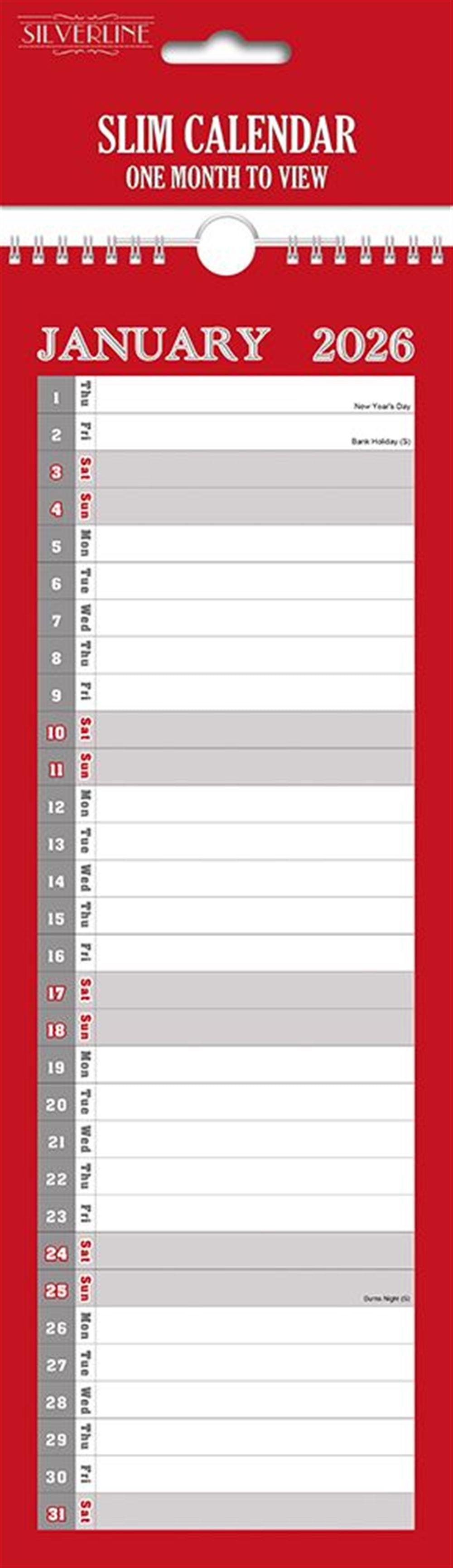 Slim Month To View Calendar 2026 – 143mm x 417mm