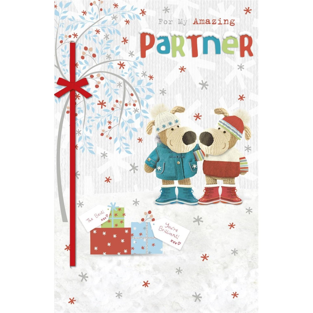 Boofles Standing Near Gifts Partner Christmas Card
