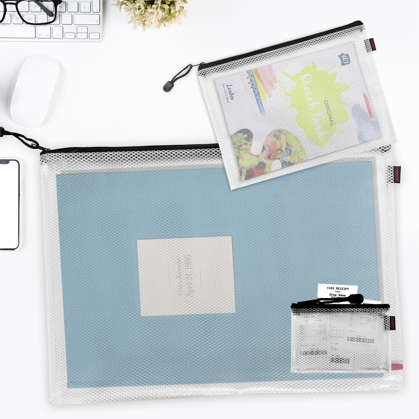 Pack of 12 Premium A4 Black Zip Mesh Bags by Janrax