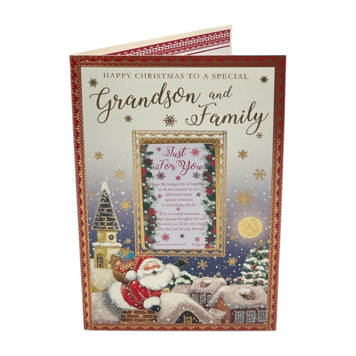 For Grandson & Family Santa Rooftop Design Christmas Card with Keepsake Card