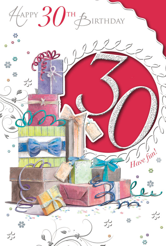 Happy 30th Birthday Stack of Gifts Design Open Celebrity Style Card