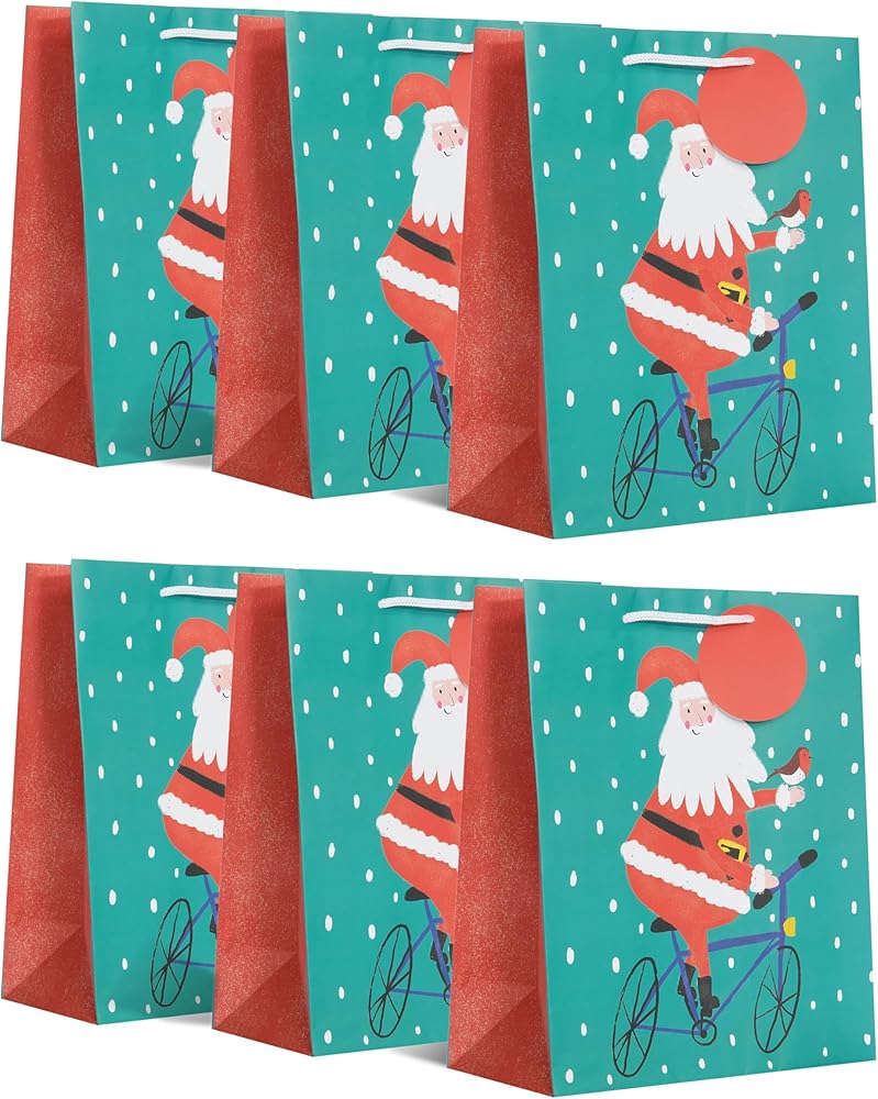 Jolly Santa & Bike Design Multipack of 6 Large Gift Bags for Him/Her/Friend Christmas