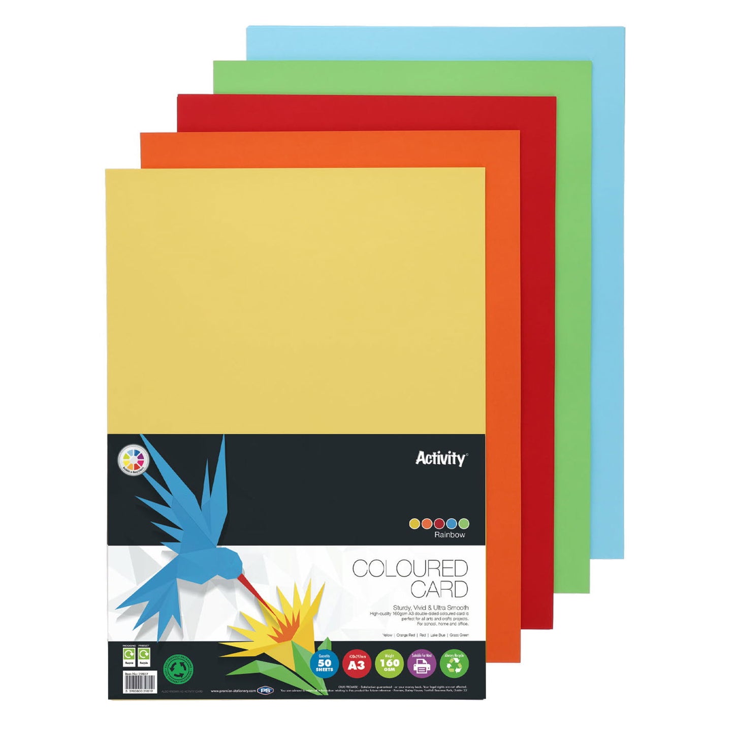 A3 160gsm 50 Rainbow Card Sheets by Premier Activity