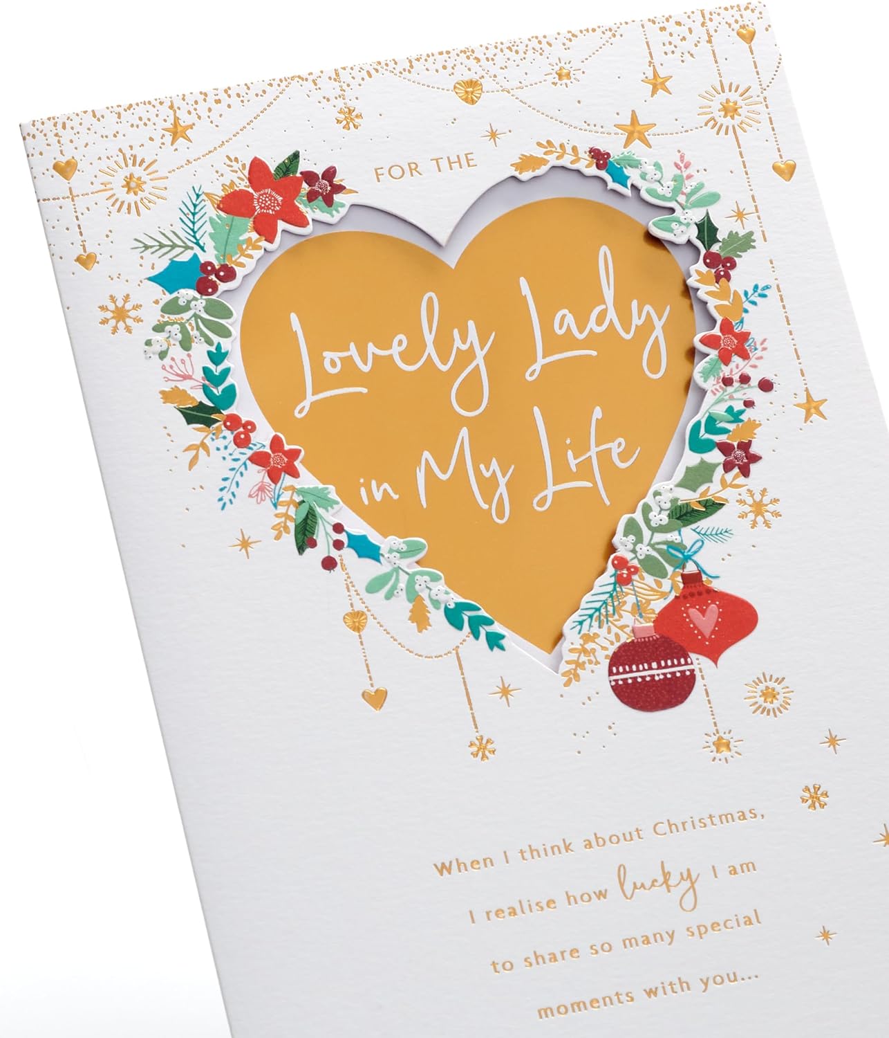 Lovely Lady Christmas Card Gold Heart Design