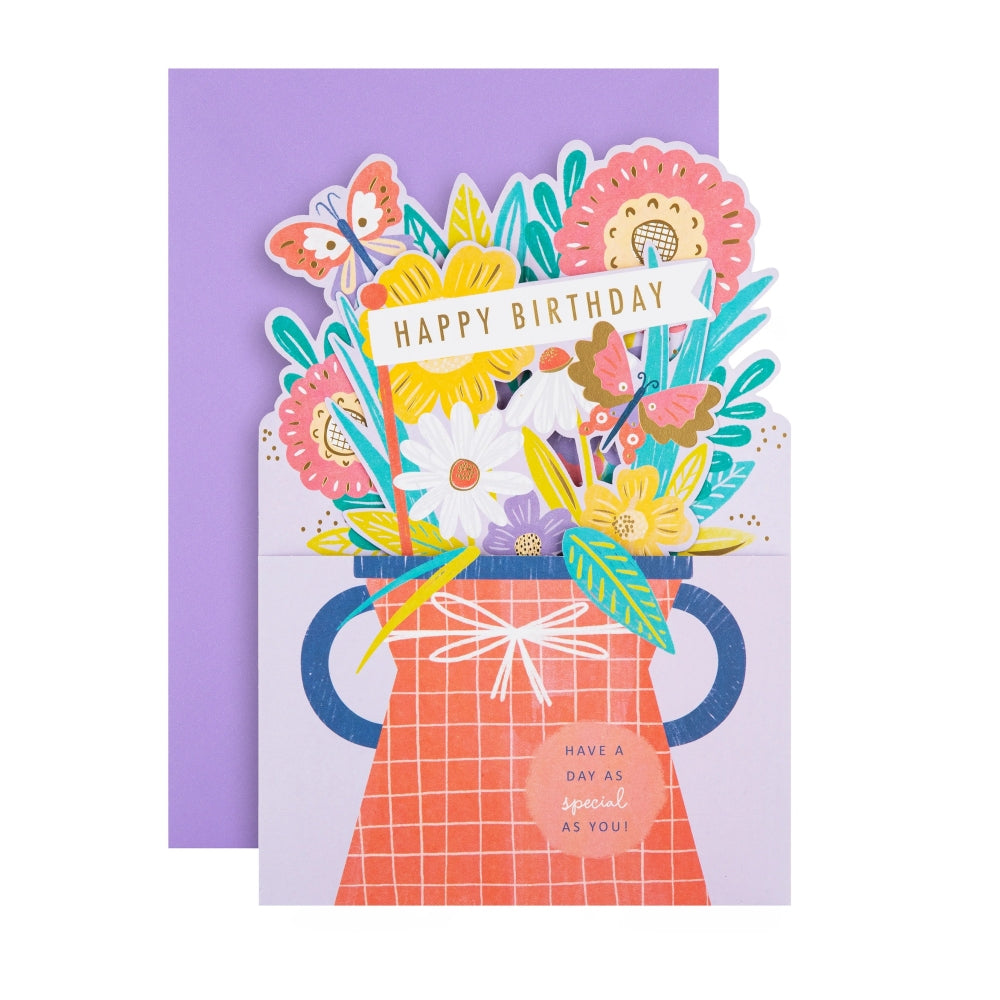 3D Pop-Up Pink Flowers & Vase Design Birthday Card