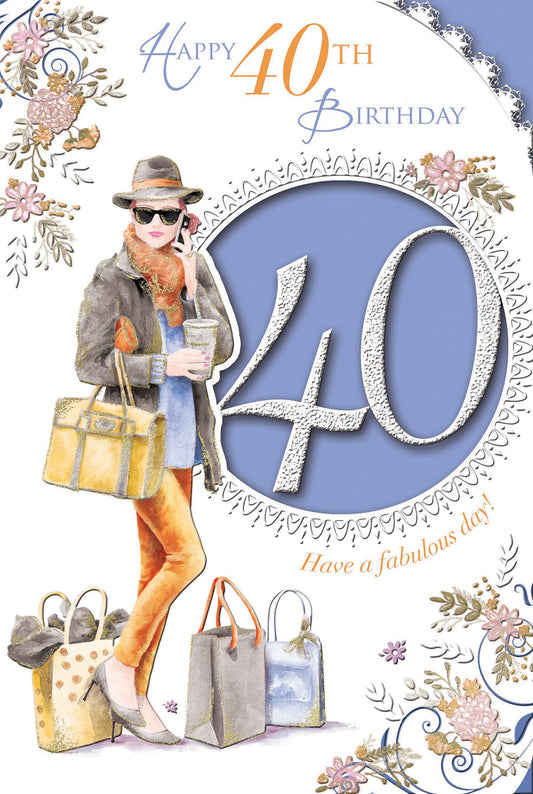 Happy 40th Birthday Lady With Shopping Bag Design Open Female Celebrity Style Card