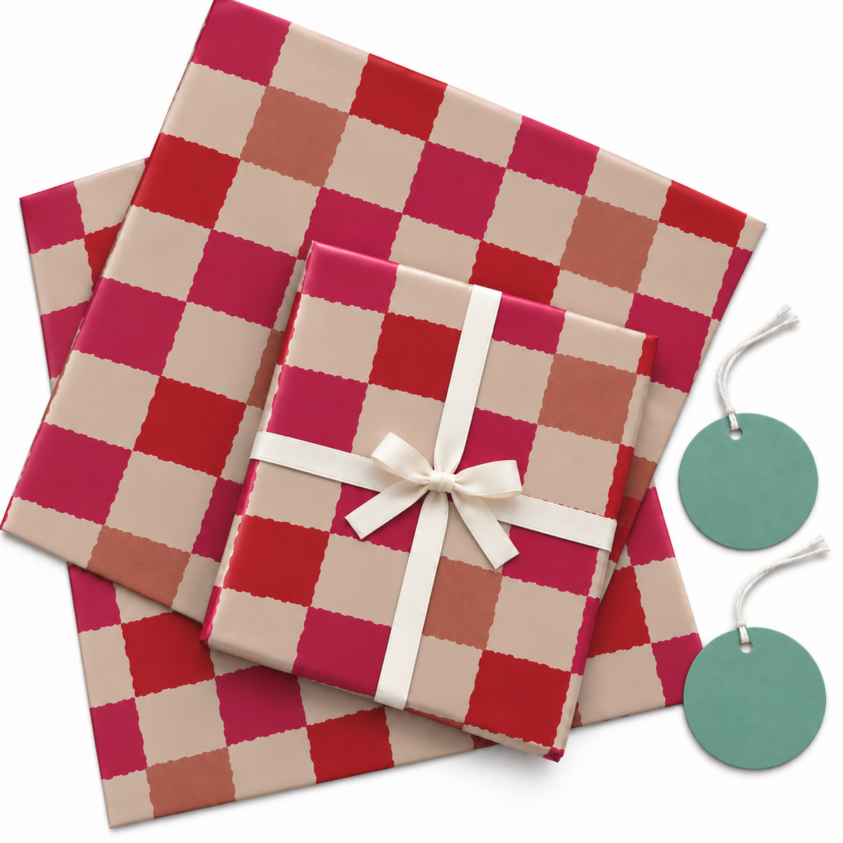 Pack of 2 Picnic Check Design 50 x 70 cm Gift Wrap Sheets with 2 Tags - Christmas Birthdays Kids Party Holiday Gifting