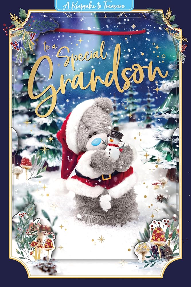 Bear With Snowman Special Grandson 3D Keepsake Christmas Card
