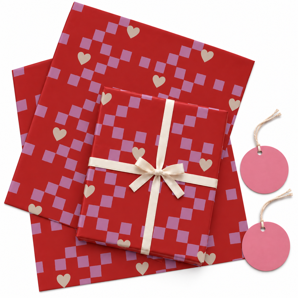 Pack of 2 Cupid Check Design 50 x 70 cm Gift Wrap Sheets with 2 Tags - Valentine’s Mother's Day Birthdays Everyday Celebrations