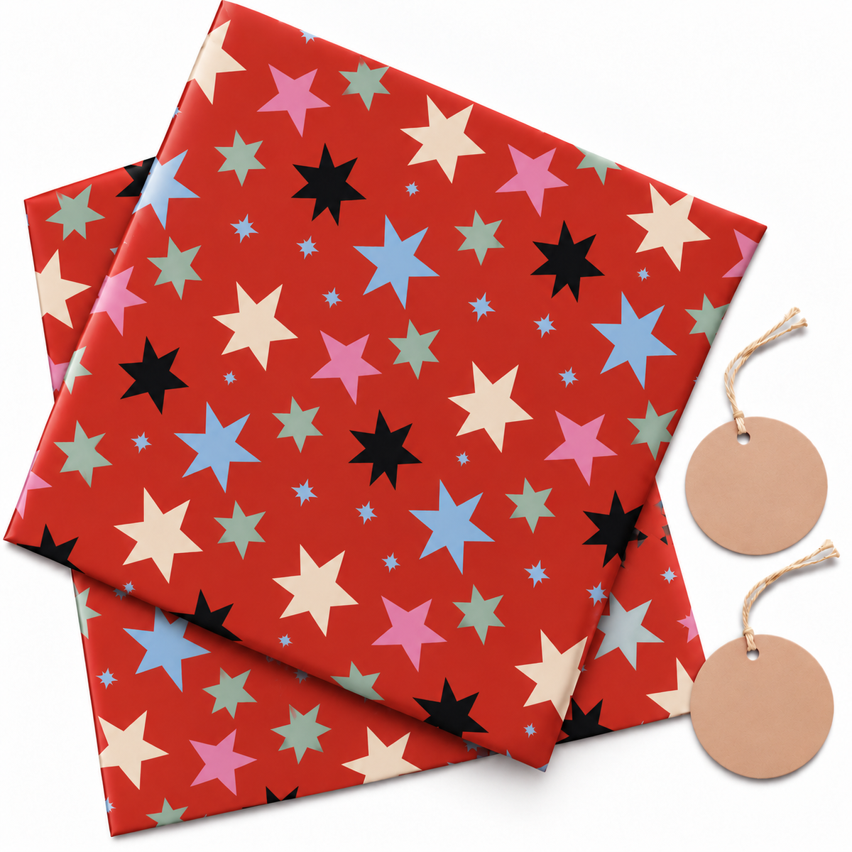Pack of 2 Merry Starbust Christmas Design 50 x 70 cm Gift Wrap Sheets with 2 Tags
