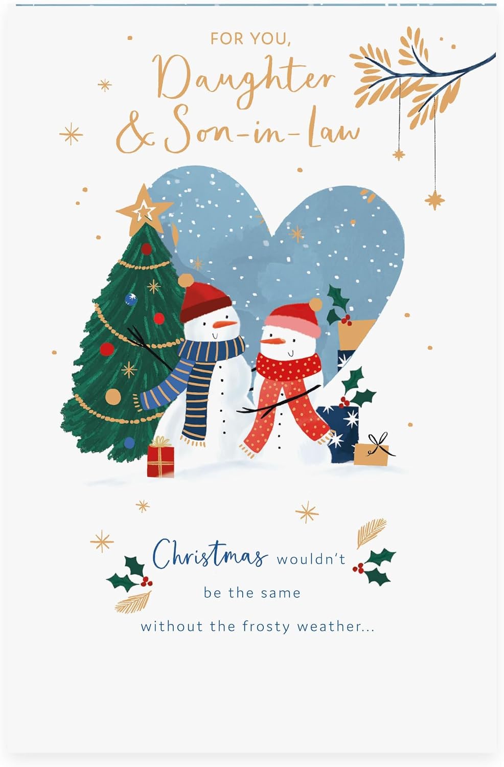 Two Snowmen By Tree Design Daughter & Son In Law Christmas Card