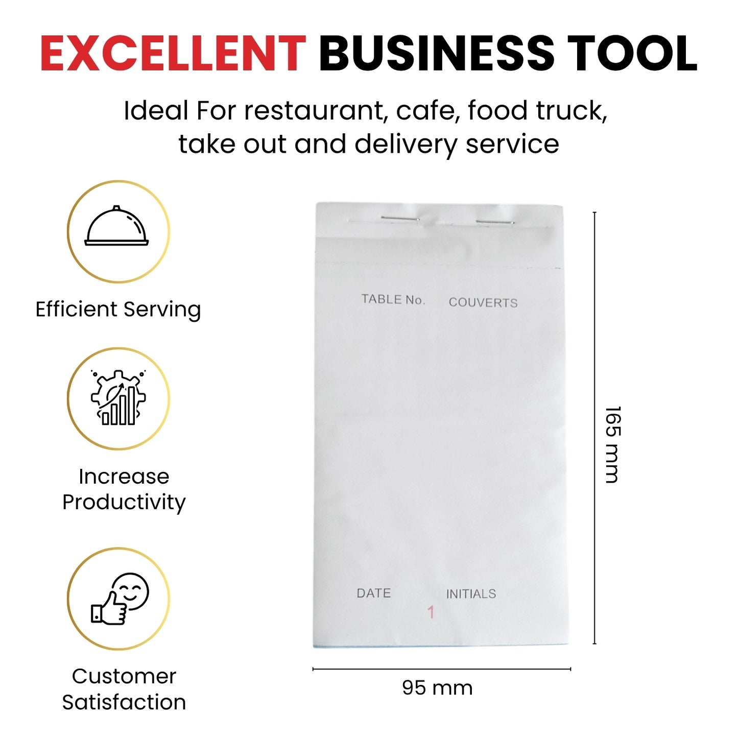 Pack of 10 95mm x 165mm White NCR Carbonless Triplicate Restaurant Service Pads