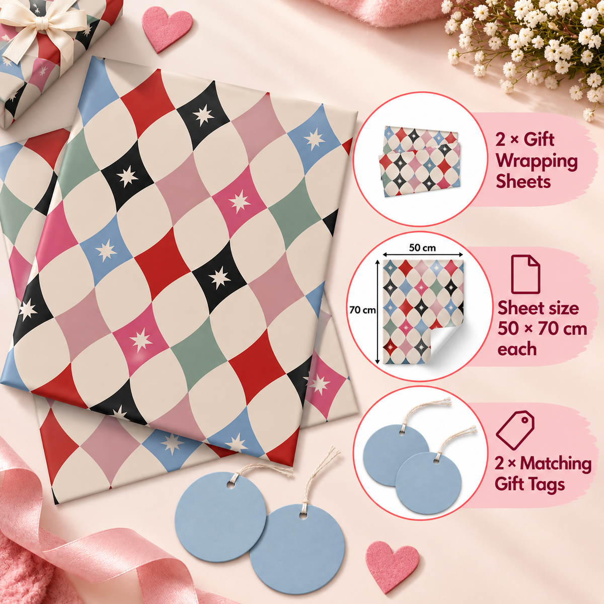 Pack of 2 Pastel Prism Design 50 x 70 cm Gift Wrap Sheets with 2 Tags - Valentine’s Mother's Day Birthdays Everyday Celebrations